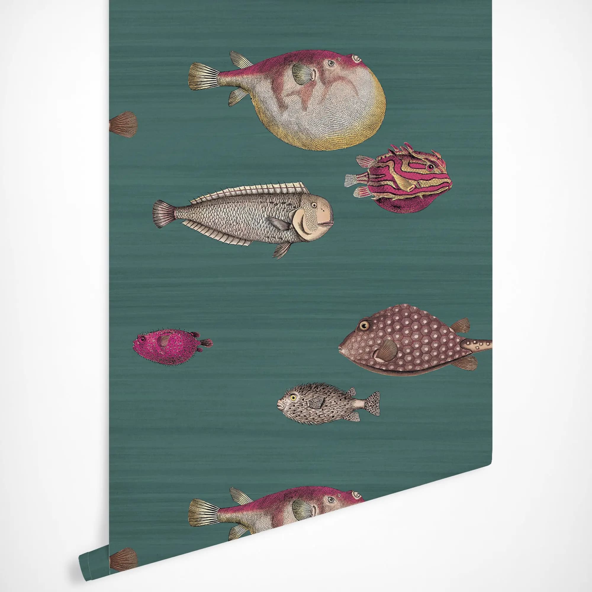 Papier peint Acquario à décoller et à coller, papier peint nordique, dos vert foncé, poissons de mer