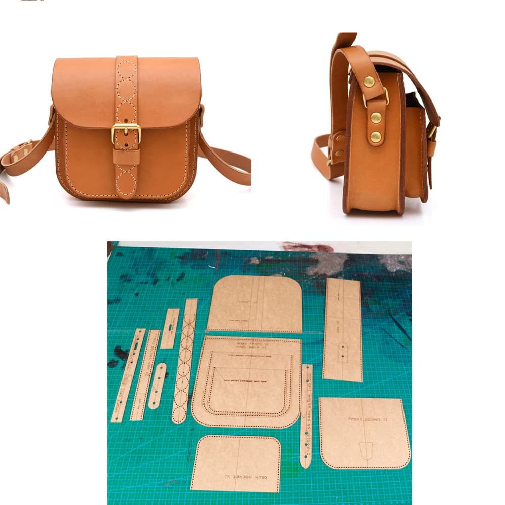 Sac à bandoulière artisanal en cuir, bricolage, découpe de papier kraft, motif de couture, pochoir c