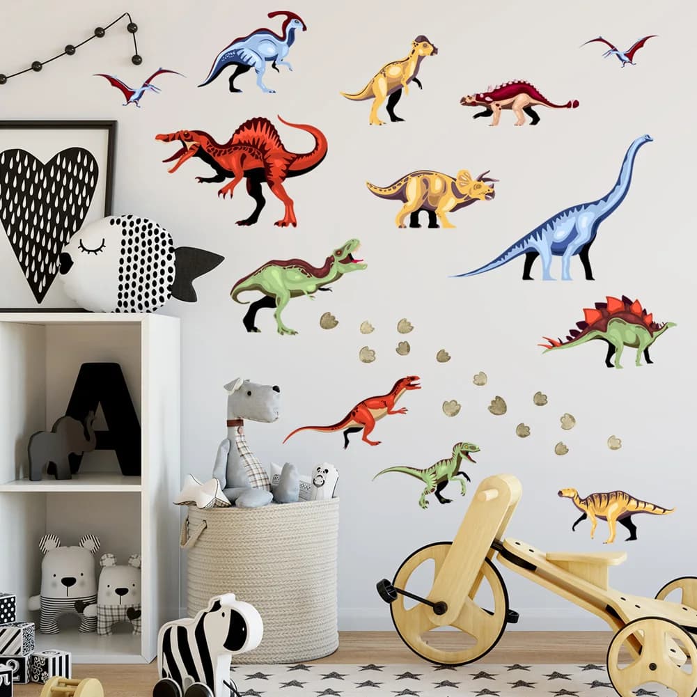 Autocollants muraux dinosaures de dessin animé, papier peint auto-adhésif pour décoration de fond de