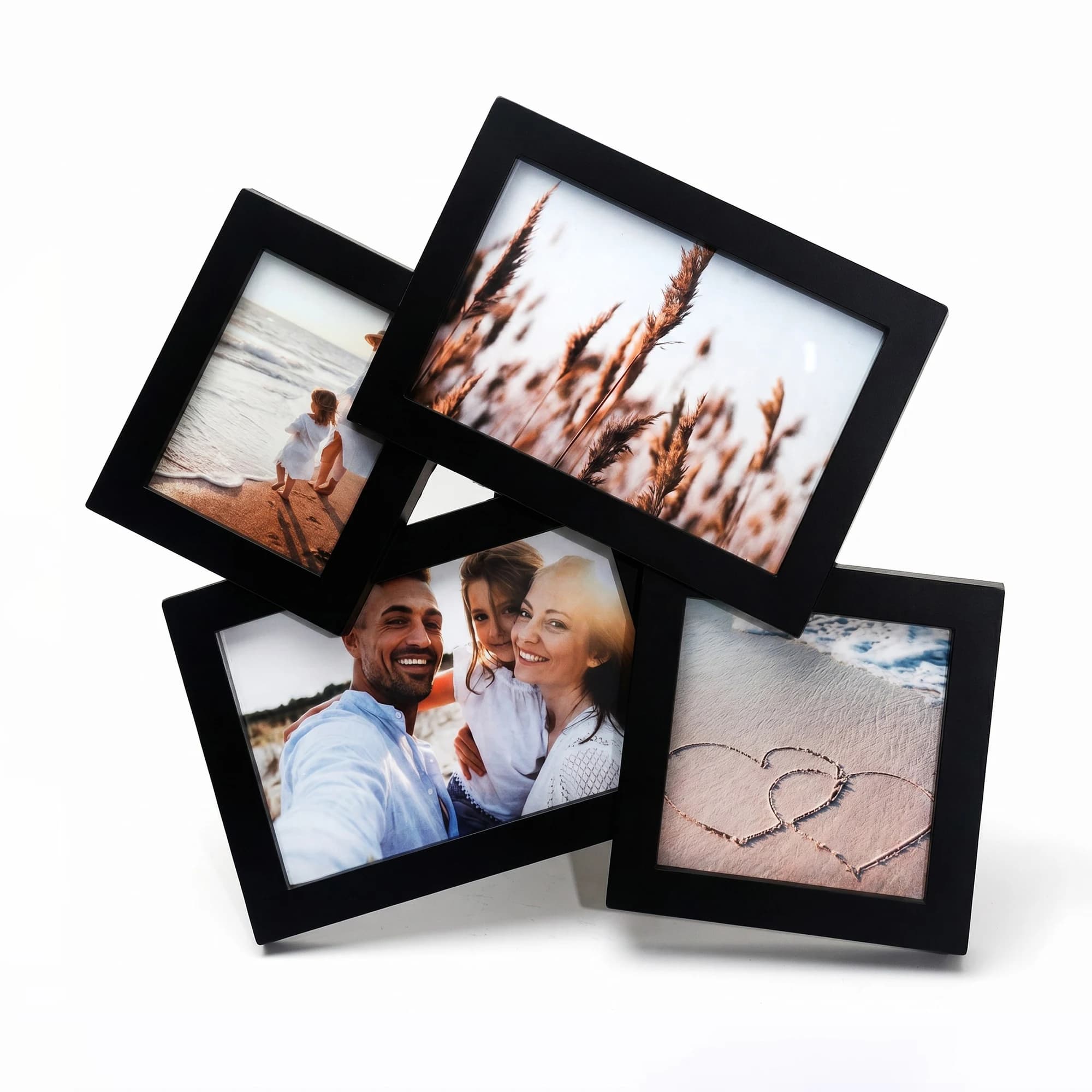 Cadres photo multi-plastiques noirs avec face avant en PVC, pour 4 photos, design de collage décalé,