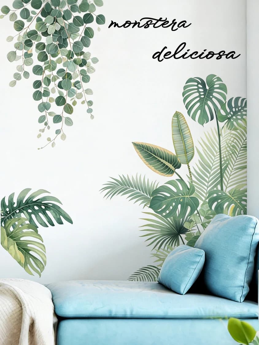 Autocollants muraux de plantes tropicales nordiques, papier peint style campagne avec bambou et feui
