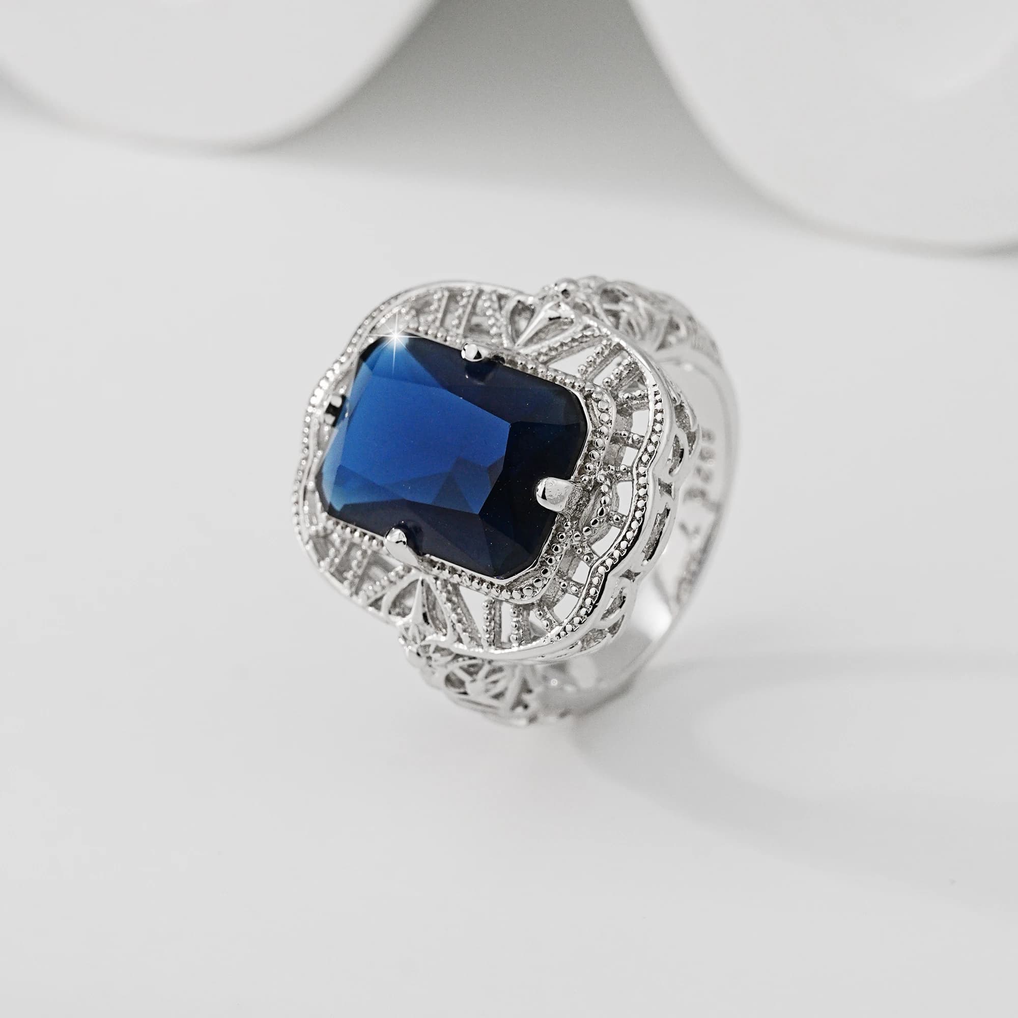 Bague en argent S925 avec saphir bleu, bague statement vintage en filigrane avec pierre précieuse re