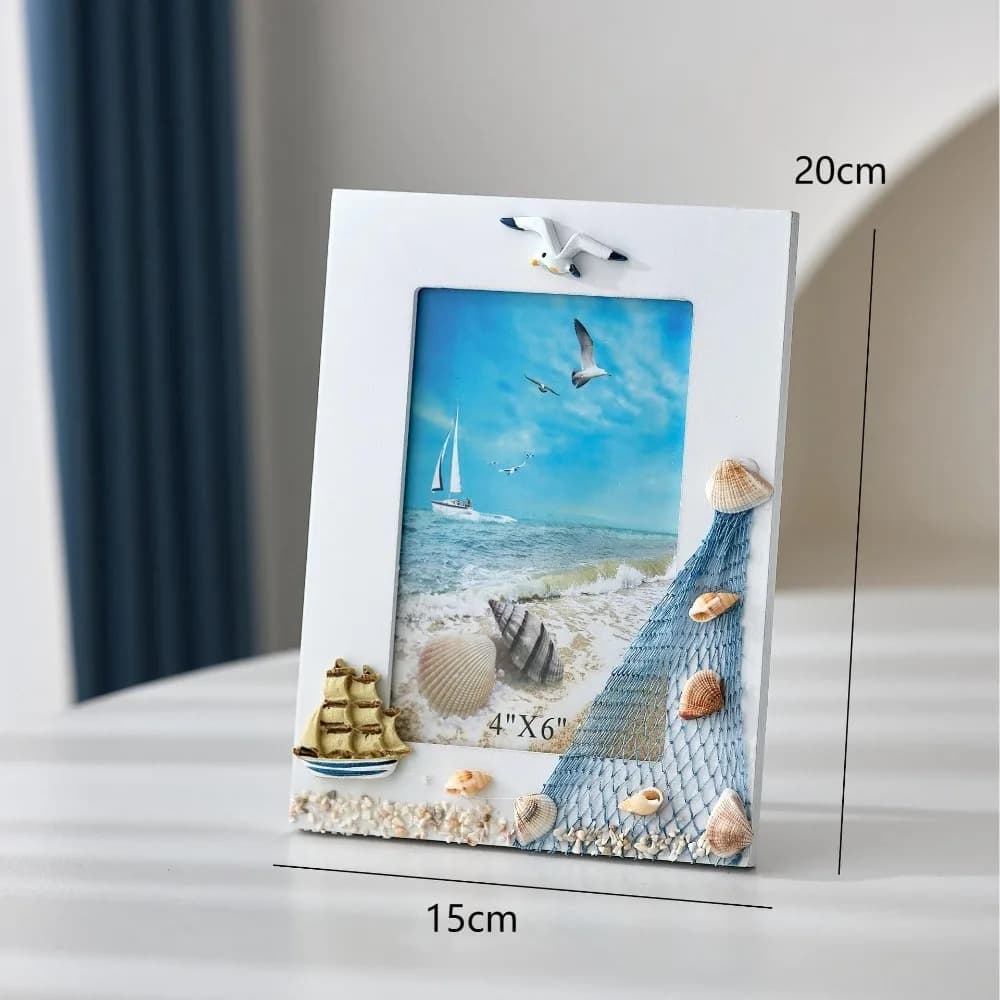 Cadre photo Océan avec coquillages et voilier, cadre photo méditerranéen en bois pour décoration de