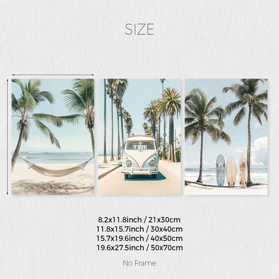 Lot de 3 tableaux muraux sur toile sur le thème des planches de surf tropicales, affiches photo de p