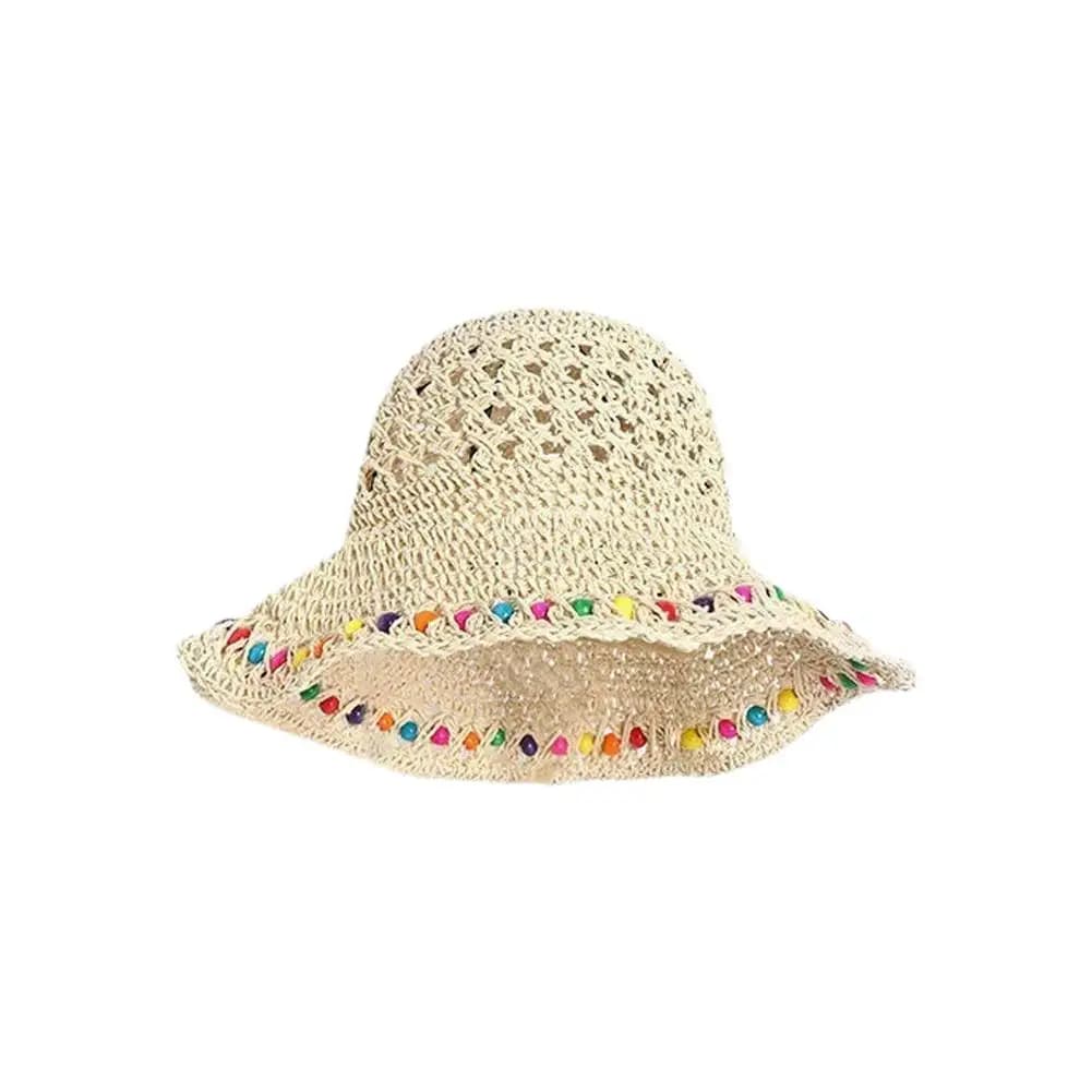 Chapeau Bob en Paille Perlé Coloré Tendance, Chapeau de Plage à Large Bord en Crochet pour Femme, Id