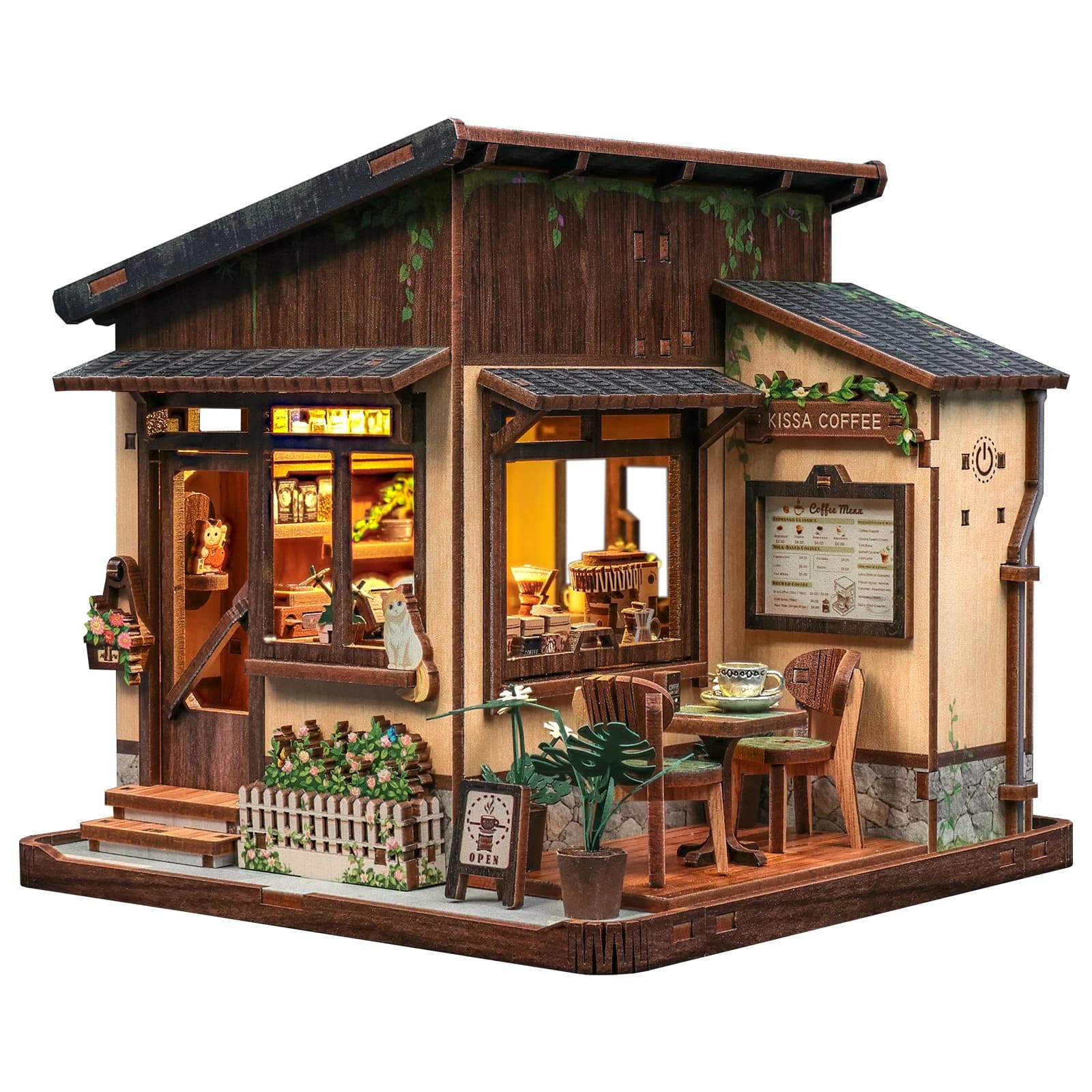 CUTEBEE Kissa Coffee Book Nook Kit, puzzle en bois 3D, maison de poupée avec lumière LED, modèle de