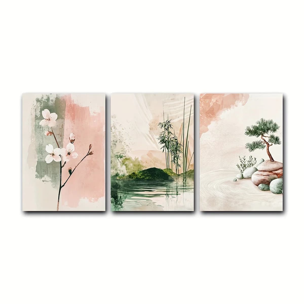 Lot de 3 tableaux muraux Japandi Zen Paysage Fleur de cerisier & Bonsaï – Affiche d'art minimaliste