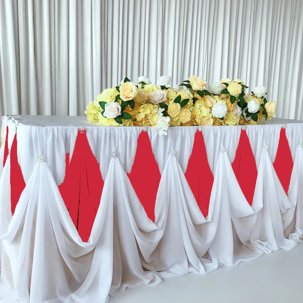 Jupe de table en mousseline de soie blanche dorée avec broche en diamant, décor de fête de mariage,