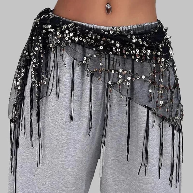 Écharpe de hanche à paillettes pour femmes, chaîne de taille à pampilles or argent pour le ventre, J