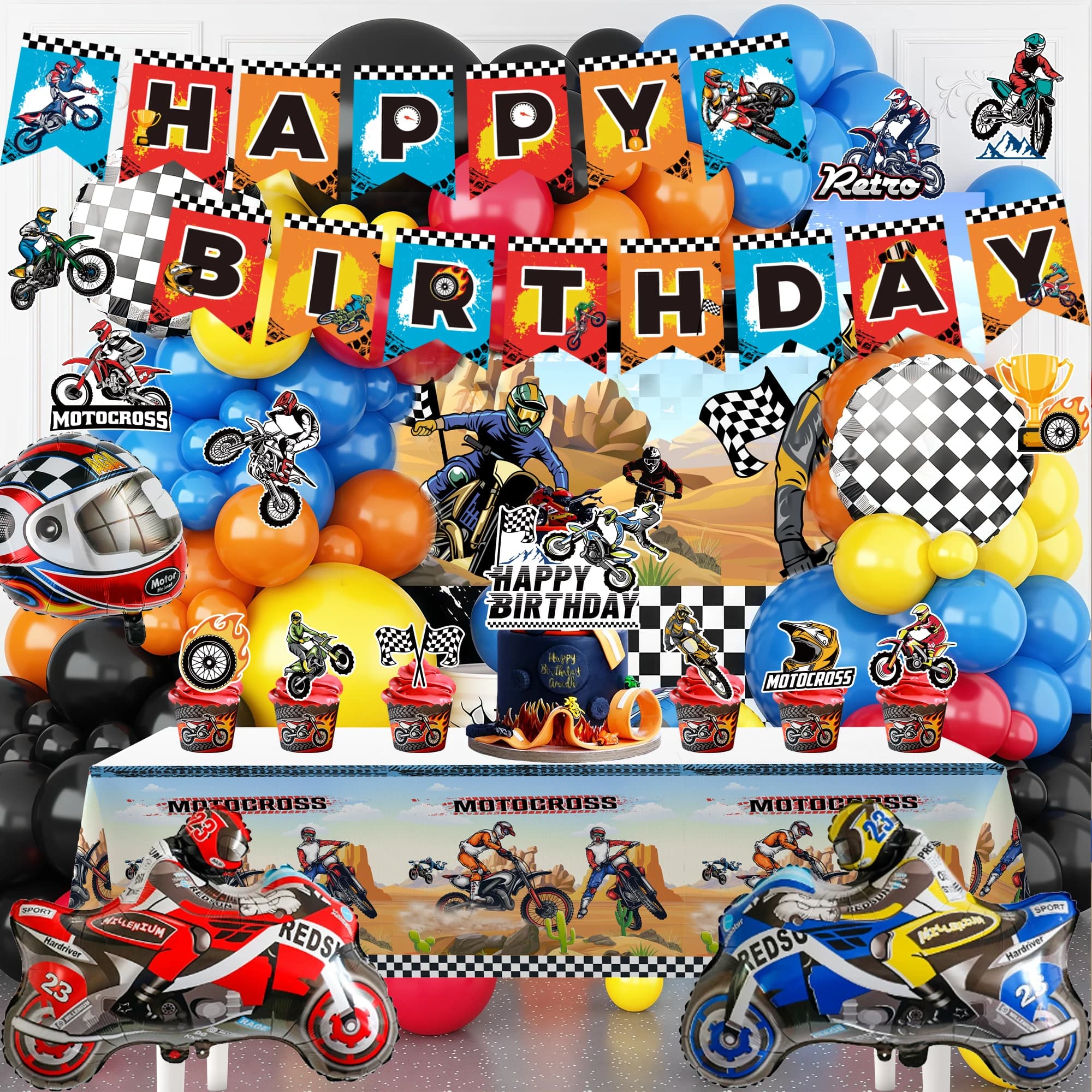 Kit de décoration d'anniversaire moto (102 pièces) : bannière, ballons, décor de gâteau, etc. Fourni
