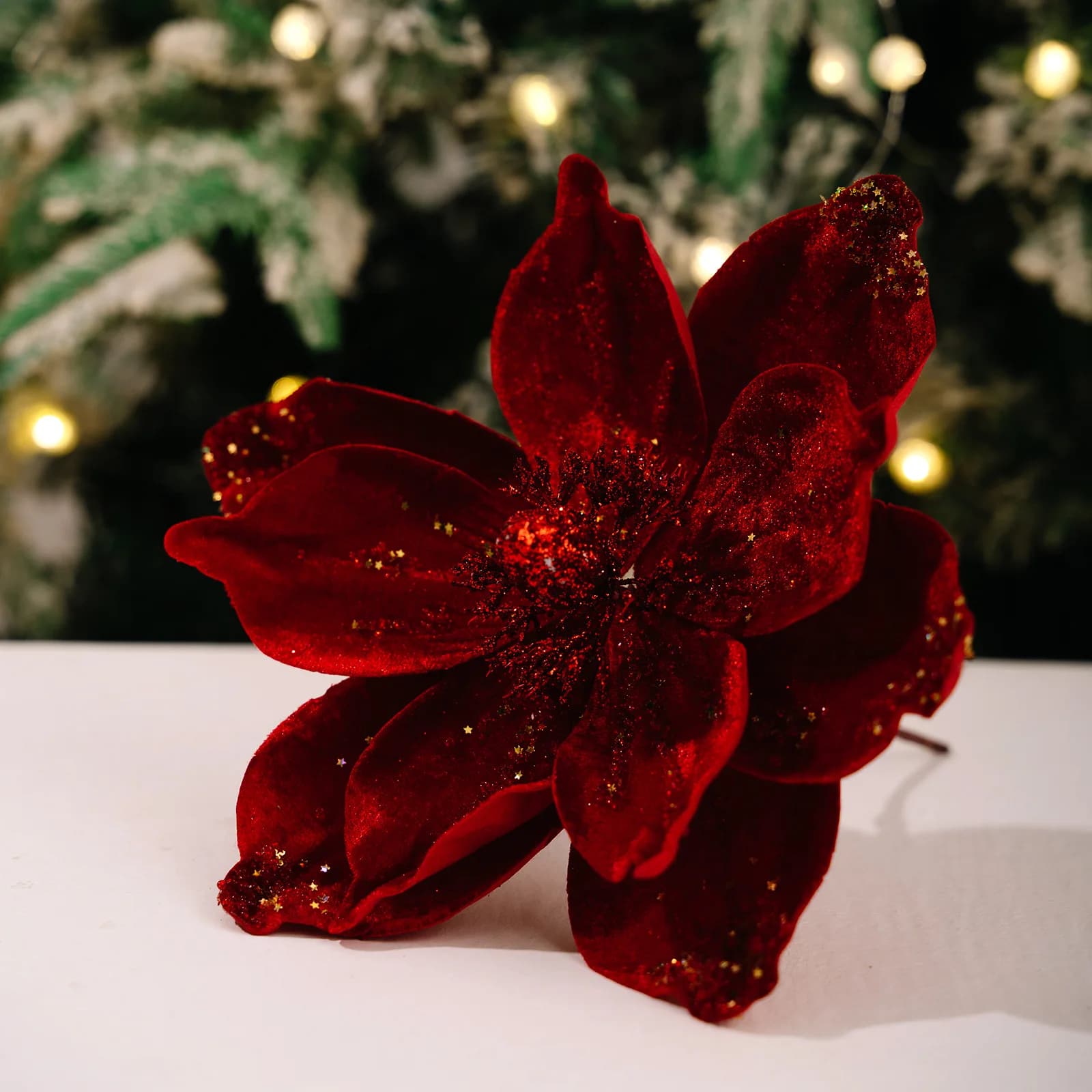 Ornements d'arbre de tête de fleurs de velours de noël à paillettes dorées Couronne pour mariage