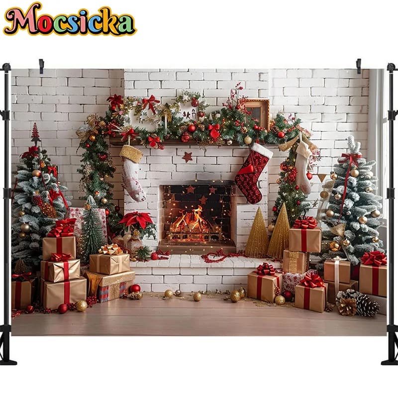 Fond de photographie de thème de cheminée de Noël, boîte-cadeau d'arbre de Noël, décor de guirxiété,