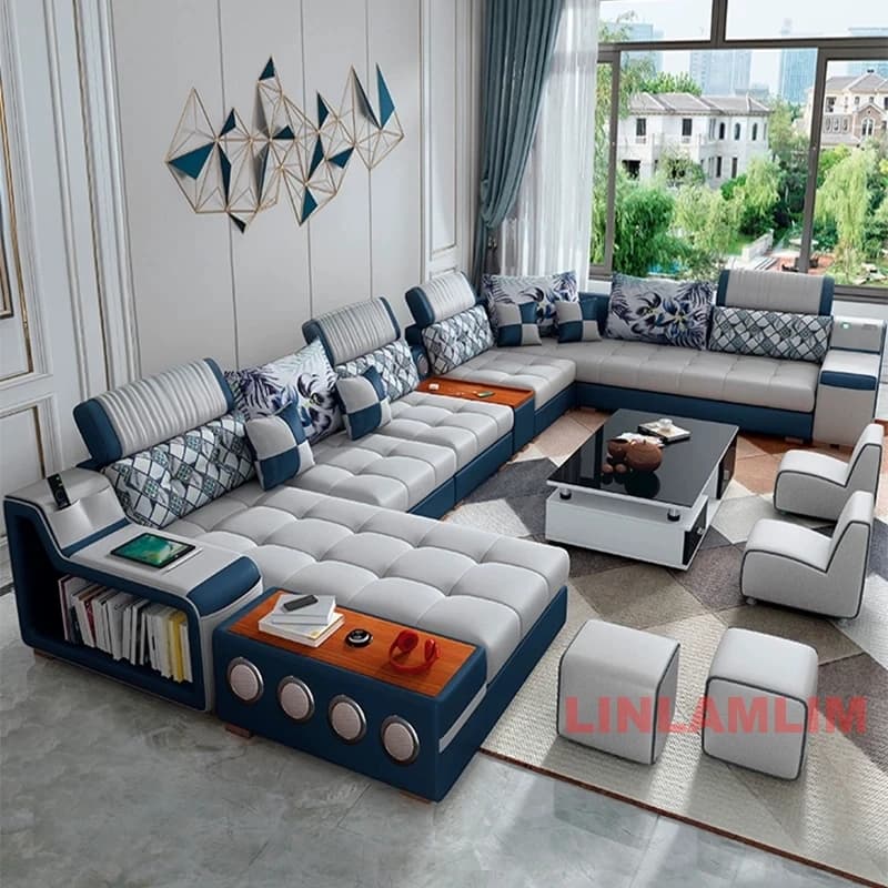Canapé sectionnel moderne en forme de U avec rangement, canapé modulaire rembourré en tissu avec por