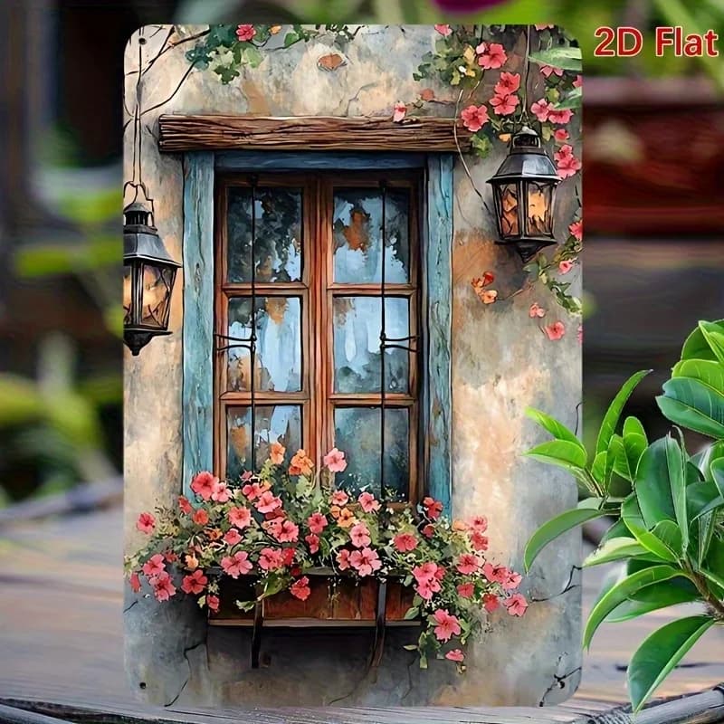Plaque en métal - Fenêtre rustique vintage avec fleurs, décoration murale durable, art mural pour la