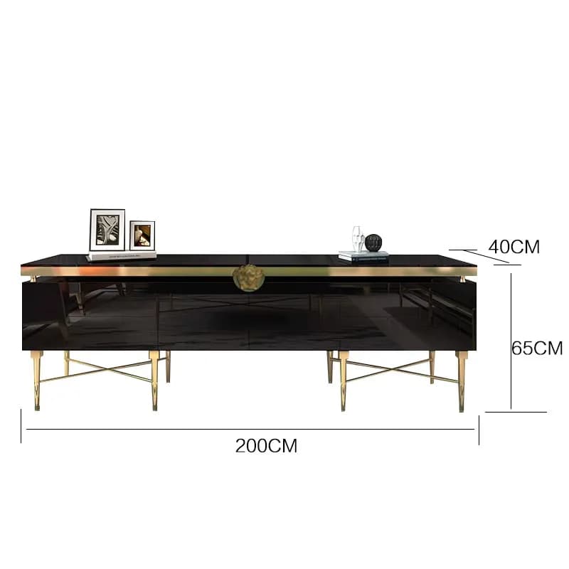 Table TV de luxe avec base et rangement en acier inoxydable doré, couleurs noir et blanc