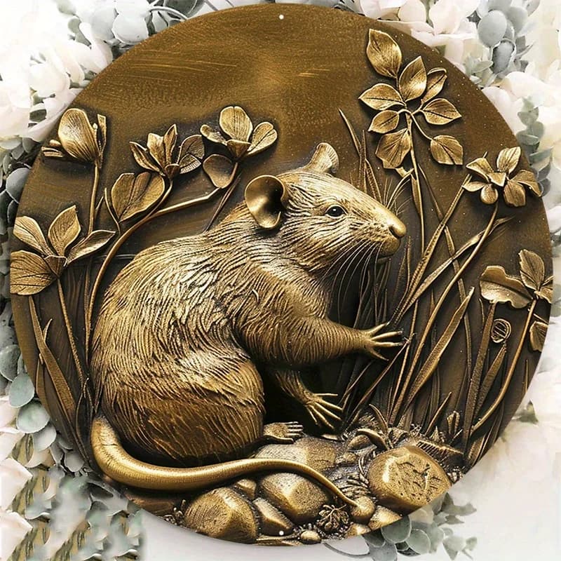Golden Rat Statue Aluminium Metal Sign, Figure Assis Décorative, Porte Hanger, Wall Art, Parfait pou