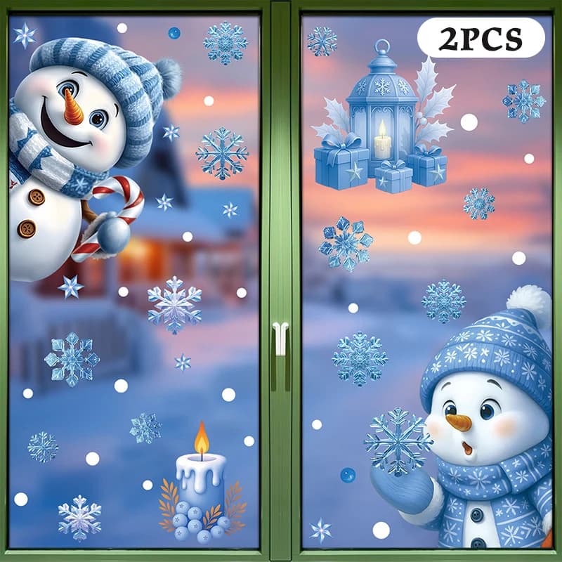 Ensemble d'autocollants statiques bleus pour fenêtre de noël, avec cloches, renne, père noël, flocon
