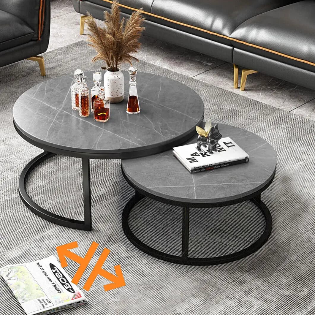 Ensemble de table basse en marbre gris rond nidification moderne, table en pierre frittée, pieds en