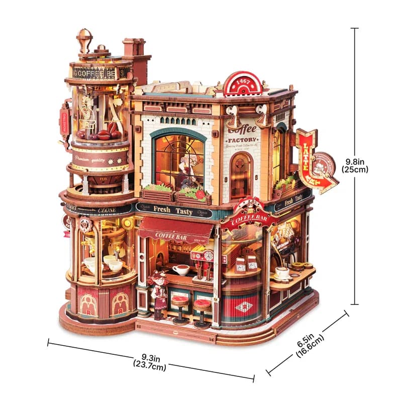ROKR Dream Coffee Factory - Kits de maison miniature - Modèle de café en bois avec des pièces mobile