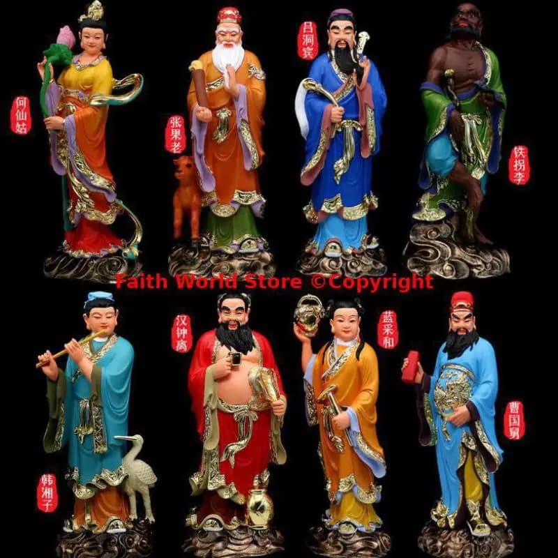 Un ensemble 8p Rare huit immortels dieux bouddha statue taoïste bouddhiste Temple autel shrine culte
