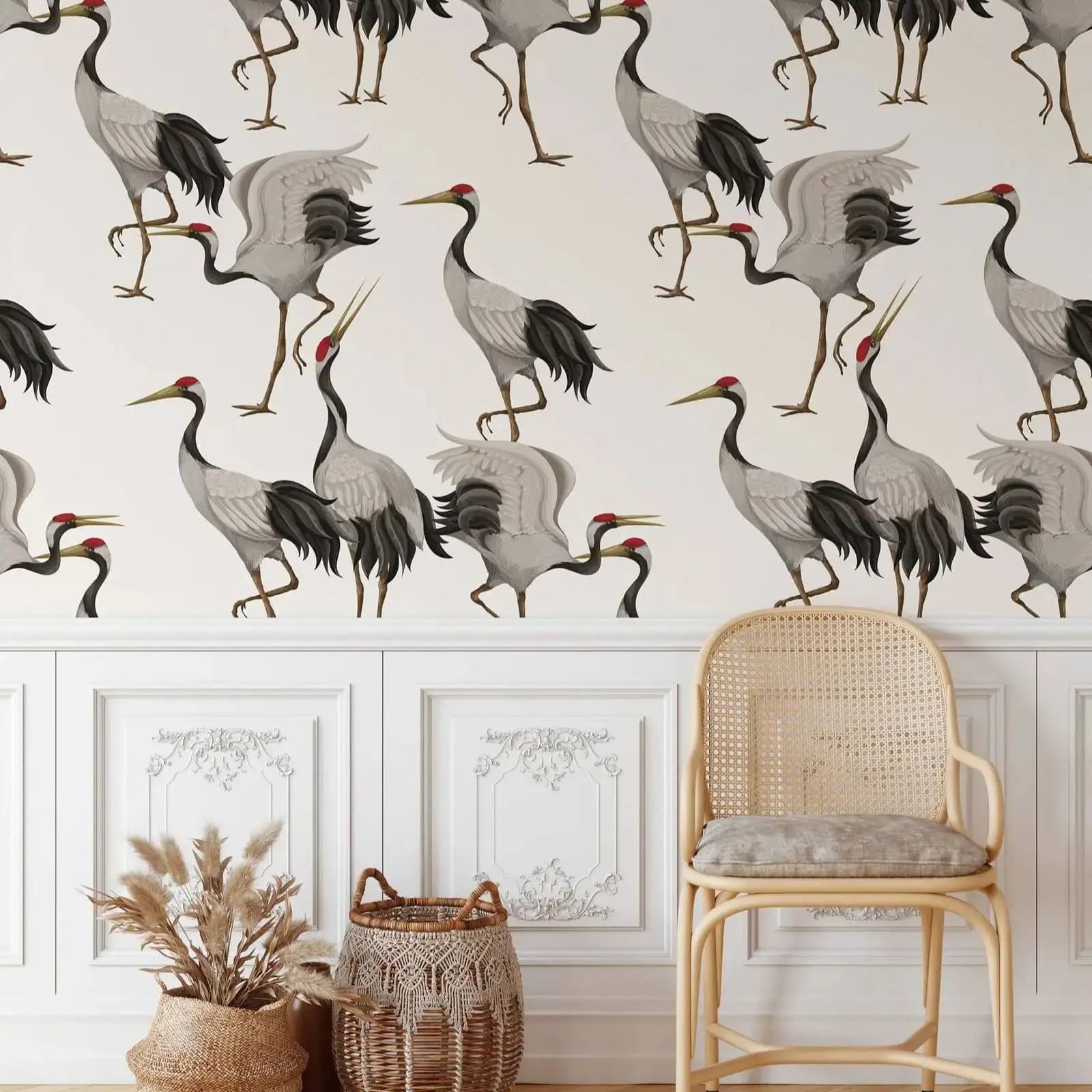Papier peint Herons blancs, Art Mural Animal, Mural Vintage de luxe avec grues blanches, papier pein