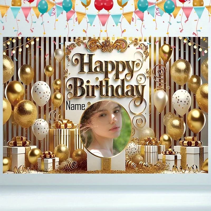 Fond de fête d'anniversaire doré personnalisé avec nom personnalisé - avec ballon, étoile et coffret