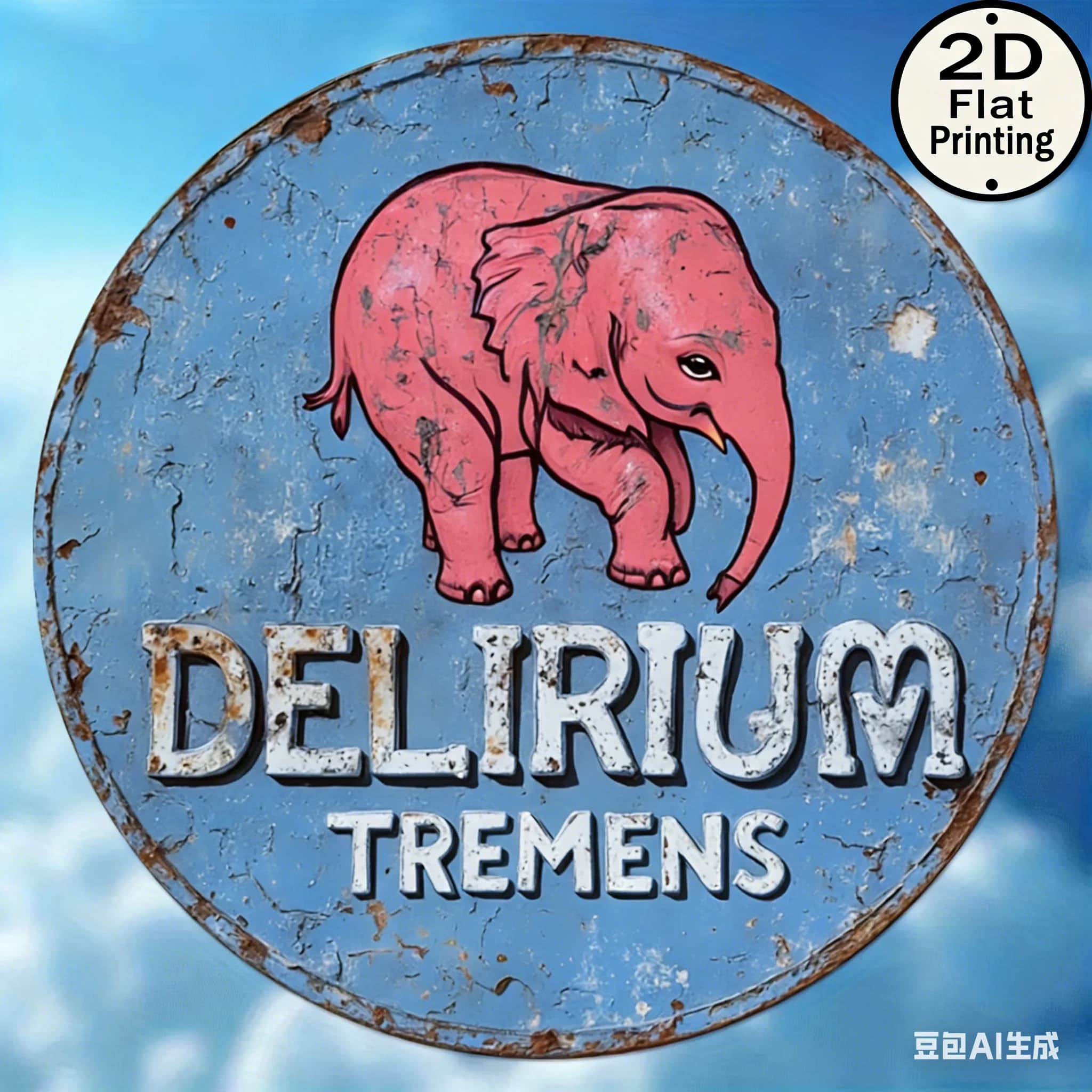 Panneau métallique rond plat 2D rétro « Delirium Tremens Pink Elephant » Bière belge - Décoration mu