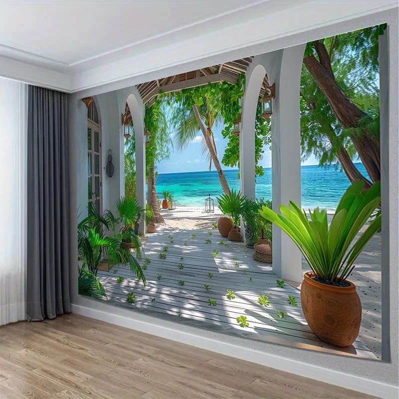 Tapisserie de paysage de plage 3D du parc côtier - Choix parfait pour la décoration du salon et de l