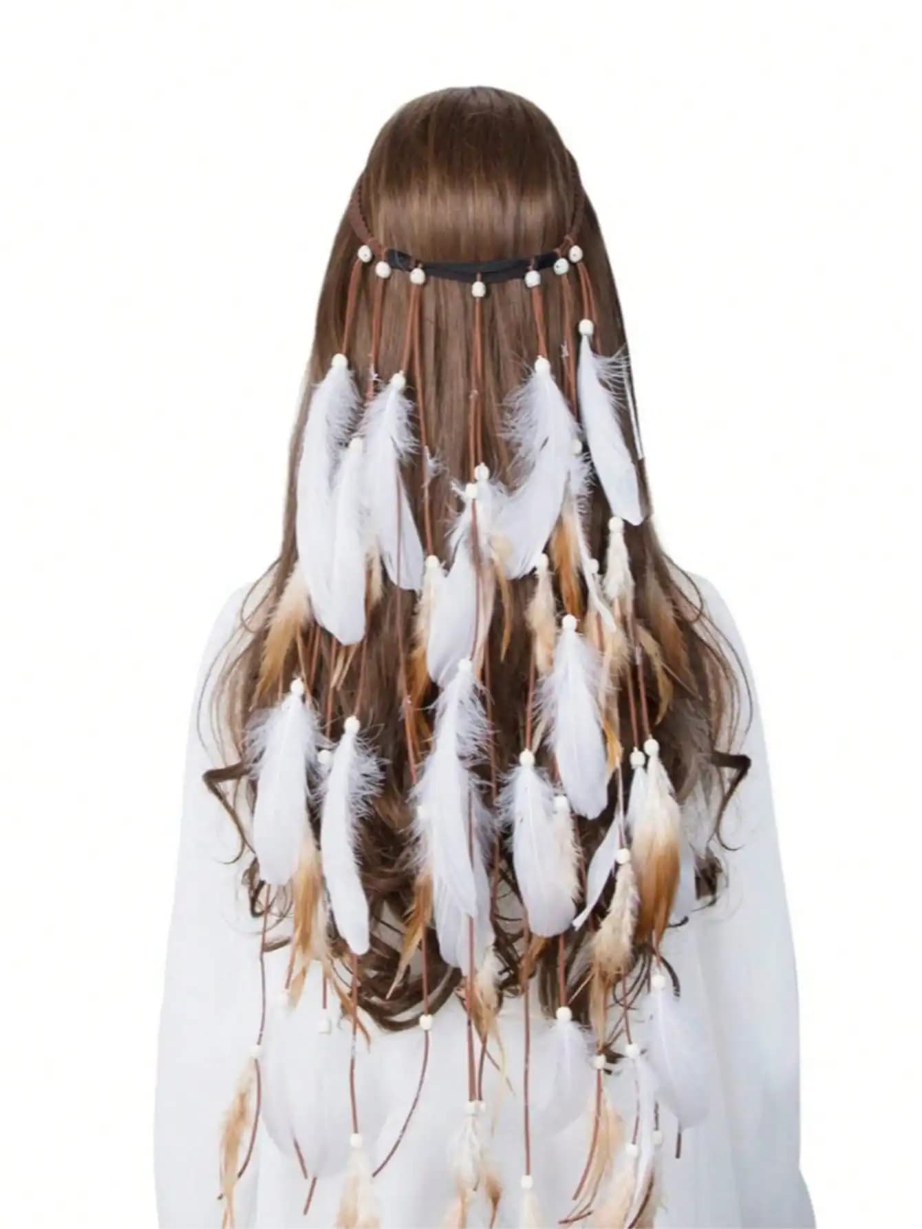 Serre-tête Hippie à Plumes, Coiffe Bohème, Couronne de Plumes, Bandeau Élastique Style Bohème pour F