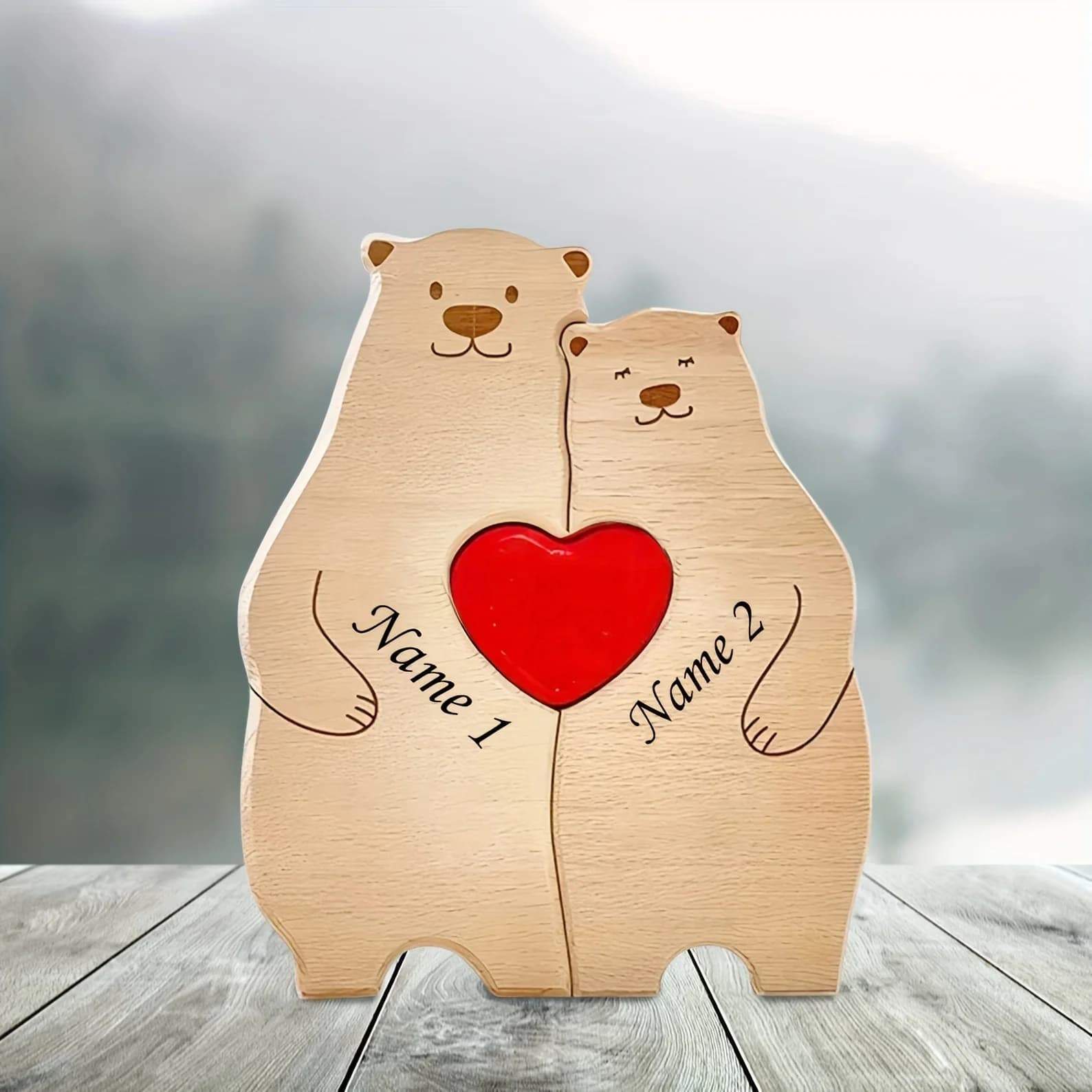Décor de puzzle ours familial personnalisé Noms personnalisés pour 2 à 6 noms Ours en bois rustiques