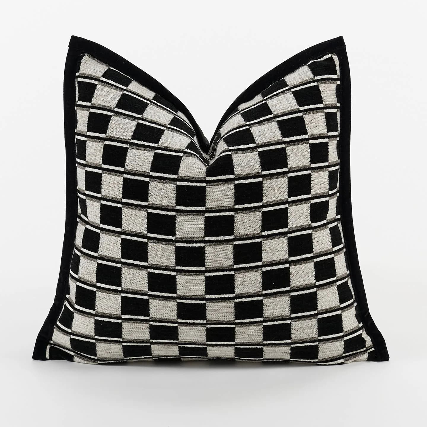 Housse de coussin moderne à carreaux noirs et blancs, qualité supérieure, en chenille, avec bordure