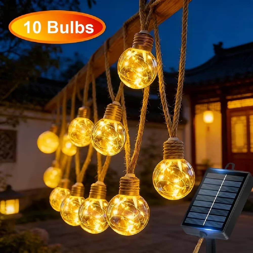 Lumières décoratives solaires pour jardins, guirlandes lumineuses en corde de chanvre pour l'extérie