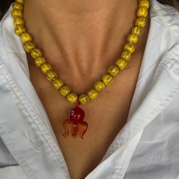 Pendentif poulpe en verre au Design Unique, collier de perles en céramique, Style de vacances d'île,
