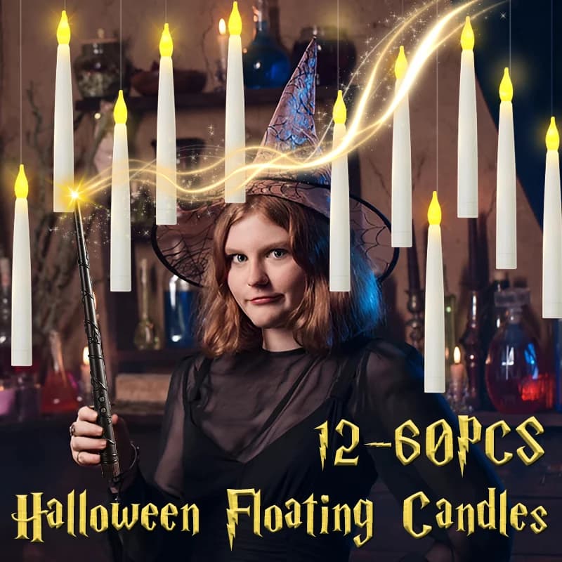 Bougie Cône Sans Flamme Flottante avec Baguette Magique, Décor d'Halloween, Mariage, ix, 12 à 60 Pièces