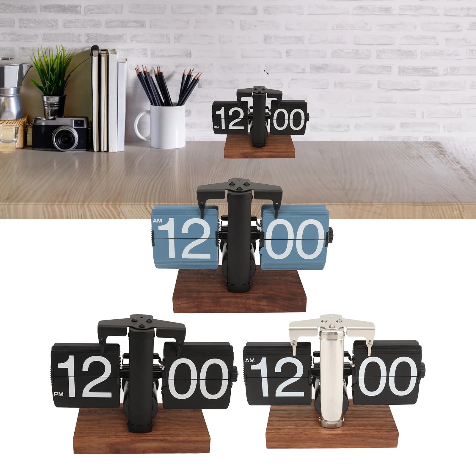 Horloge de bureau à base automatique, horloge vintage à grands chiffres, heure réglable, à piles pour le bureau