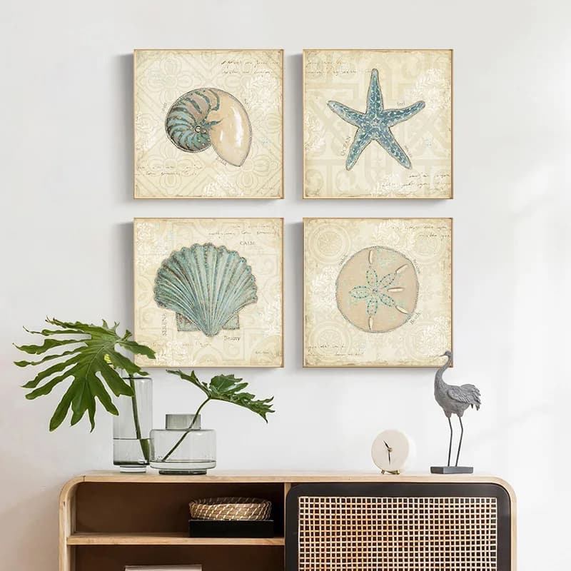 Peinture sur toile de coquille de vie marine animale vintage française