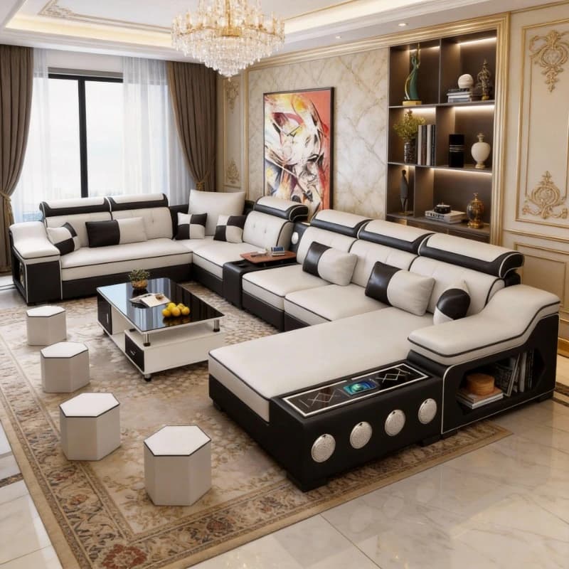 Linlamlim Ensemble de canapés sectionnels modernes en tissu avec chaise longue, haut-parleurs Bluetooth et ports de charge USB pour salon