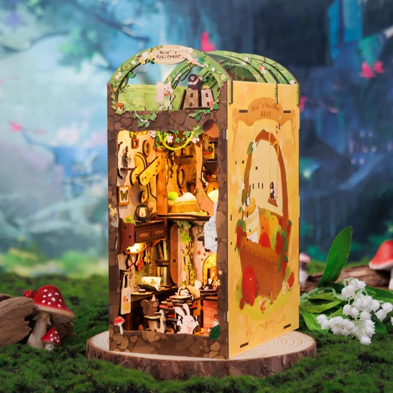 CUTEBEE – Kit de coin de livre de bricolage, maison de poupée 3D en bois, étagère avec couvercle anti-poussière, modèle de collection, cadeau pour amoureux des animaux