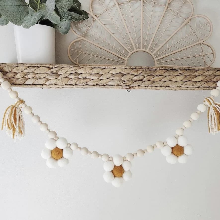 Guirlande de pampilles Boho avec perles en bois, guirlande de marguerites, décor mural de ferme, salle de classe, bannière de fête d'anniversaire, décor de réception-cadeau pour bébé