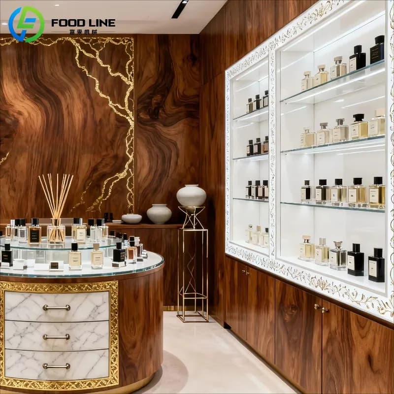 Vitrine de présentation de parfums moderne et luxueuse avec éclairage LED personnalisé