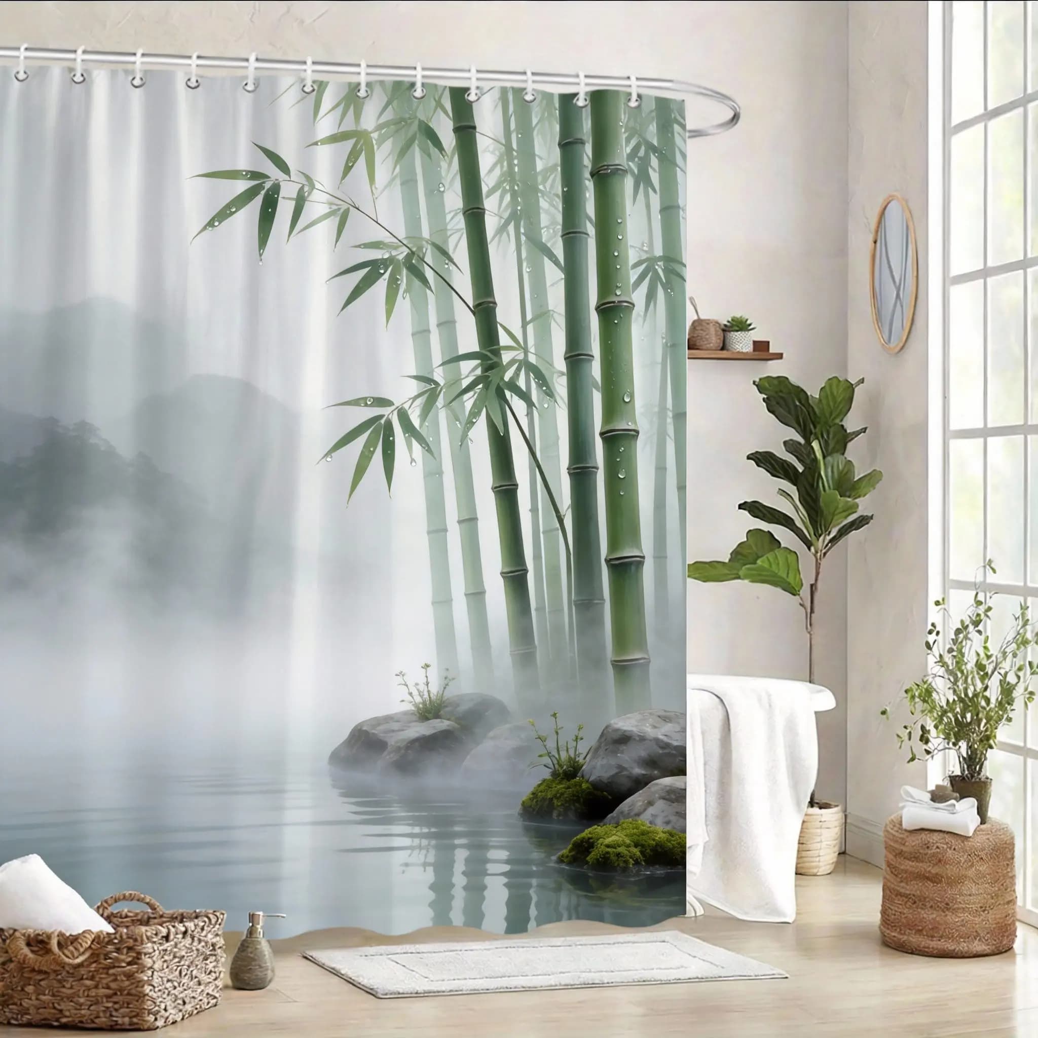 Rideau de douche Zen Bamboo 180x180cm – Design forêt minimaliste, décoration de salle de bain apaisante, cadeau, 12 crochets