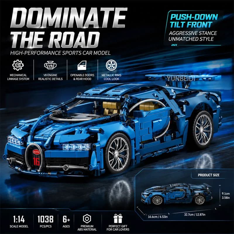 Modèle de voiture de sport Bugatti bleue à l'échelle 1:14, blocs de construction, avec moteur V8, portes ouvrables, briques Technic, cadeau pour les amateurs de voitures adultes